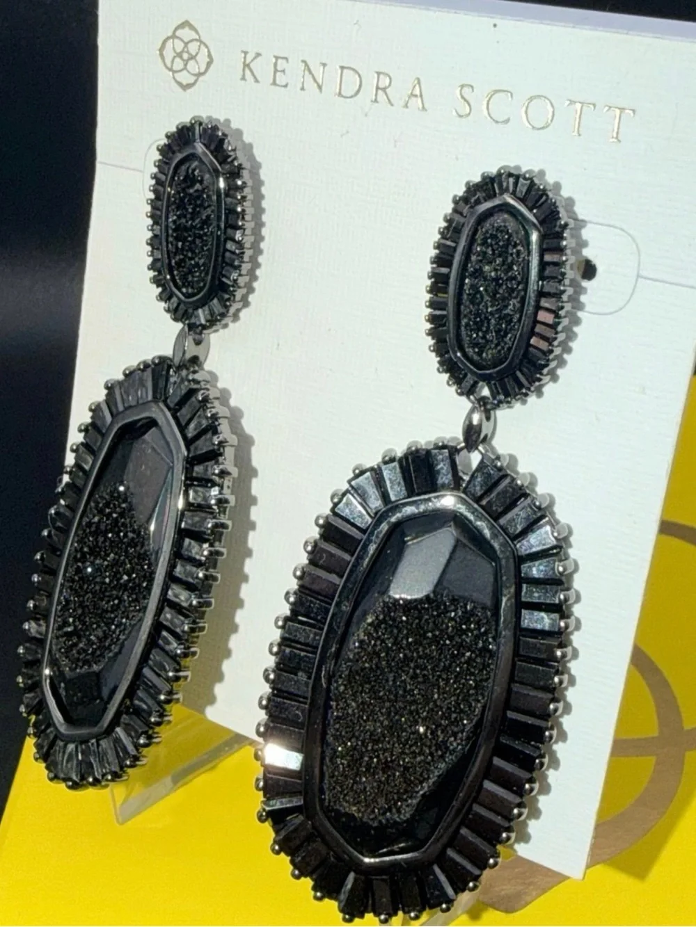 Kendra Scott Black Drusy Statement Earrings Gold Rare Retired Luxe Glam Bold - Picture 3 of 8